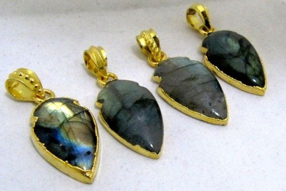 2 Pcs Set Natural Labradorite Blue Flashy Charm arrow head- 24 Kt Gold Electroplated Edge Arrowhead Pendant-Gemstone 30 to 40mm approx