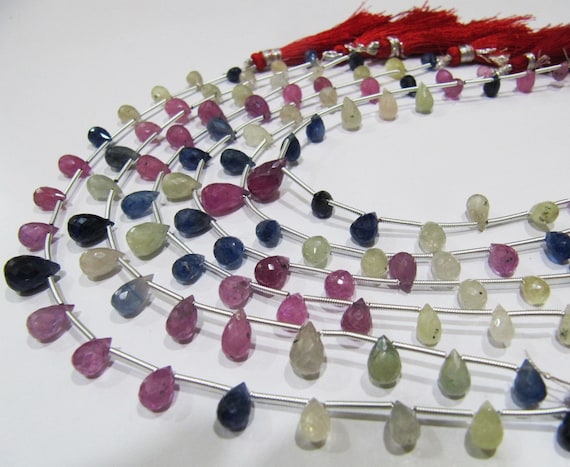 Natural Precious Genuine Multi Sapphire Tear Drop Briolette Beads, Sapphire Size Approx 4x6mm To 7x10mm, Strand 8 Inches long