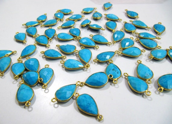 Set of 2pc - Natural and Genuine Turquoise Magnesite Pear Shape Briolette Connector Double Loop Size 11x16mm Semi Precious Gemstone Bezel