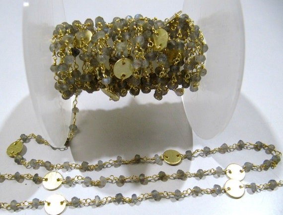 Natural Labradorite Rondelle Faceted Beads 3-4mm Rosary Chain with Metal Coin Gemstone Handmade beaded Wire Wrapped Chain Sold Per Foot