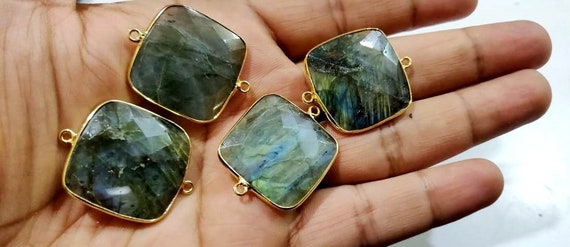 2 Pcs Set Natural Labradorite Cushion Shape 26mm Briolette Connectors Gray Stone Double Loop Bezel Jewelry Making Bezel Connectors