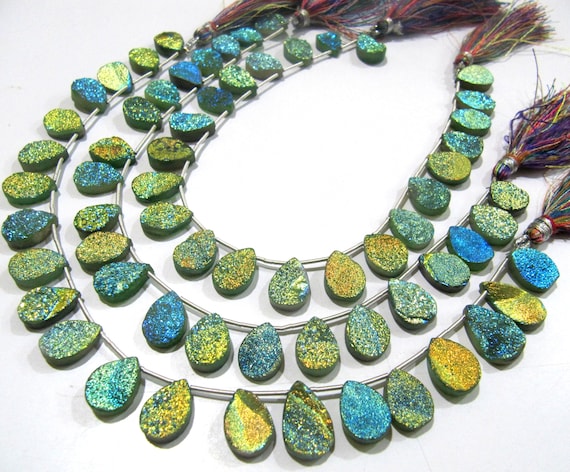 Natural Titanium Coated Agate Green Druzy Pear Shape Beads Jewelry Making Bead Strand 10 Inches Long Sold Per Strand