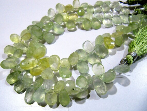 Natural Prehnite Faceted Pear Shape  Beads / Flat Drop Shape approx. 7x12mm Size Prehnite Beads Strand 8 inch long Unique Gemstone Beads