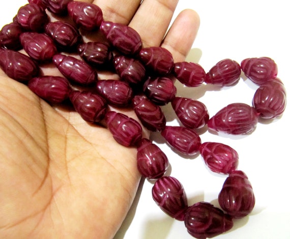 Best Quality Dyed Ruby Hand Carved Designer Size 10x14mm to 14x20mm Tear Drop Straight Drilled Beads sold per 6 beads