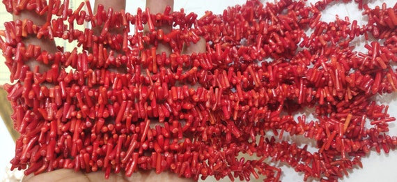 Natural Red Coral Stick Shape 10 to 15 mm Beads Sold Per Strand 16 Inches long Great Quality Beads