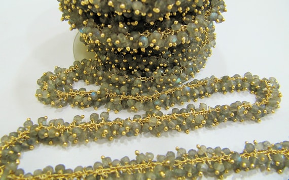 Natural Labradorite Rondelle Micro faceted 3mm Beaded Dangling Cluster Wire Wrapped Rosary Chain Wholesale Prices