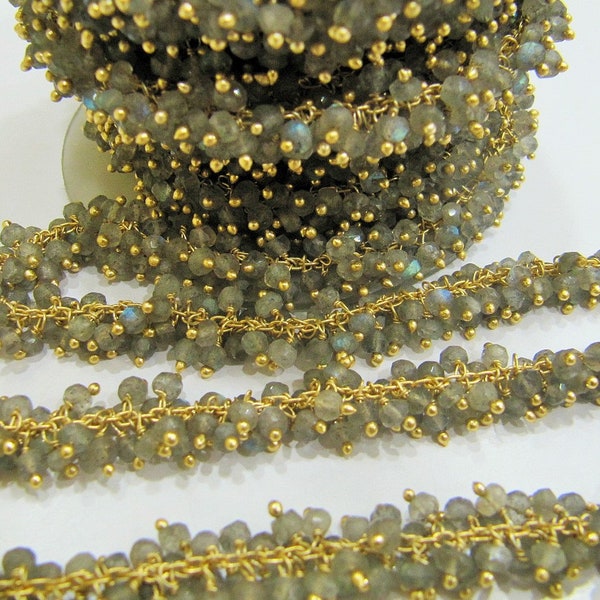 Natural Labradorite Rondelle Micro faceted 3mm Beaded Dangling Cluster Wire Wrapped Rosary Chain Wholesale Prices