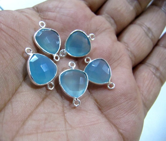 Aqua Chalcedony Heart Shape 12mm Briolette Connectors Aqua Hydro Quartz Stone Double Loop Bezel Jewelry Making Bezel sold per piece