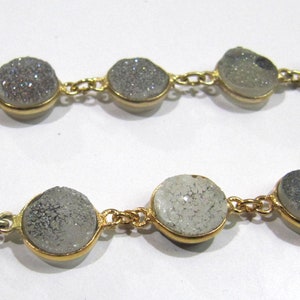 1 Foot -: Natural White Sugar Druzy Round Coin Shape 10mm Gold Plated Bezel Connector Chain Sold Per Foot Wholesale Prices