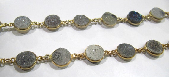 1 Foot -: Natural White Sugar Druzy Round Coin Shape 10mm Gold Plated Bezel Connector Chain Sold Per Foot Wholesale Prices
