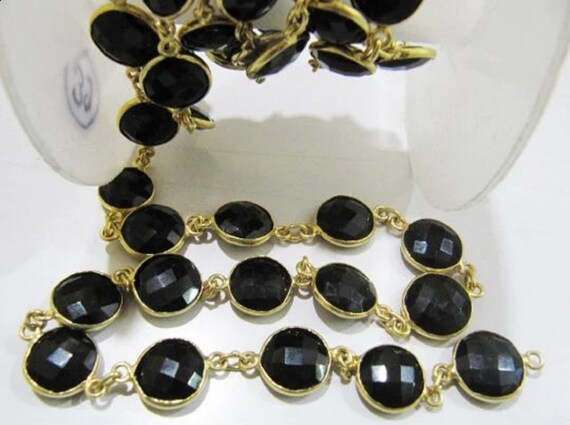 Natural Black Spinel Round Coin Shape Briolette Faceted Bezel Connector Chain 11mm Sold Per Foot High Quality  Wholesale price