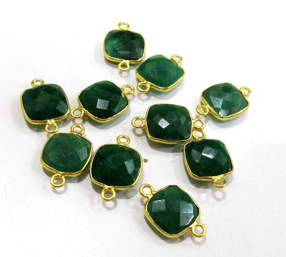5 Pcs Set Dyed Emerald Cushion Shape Square 10mm Briolette Connectors Double Loop Emerald Bezel Jewelry Making Connectors