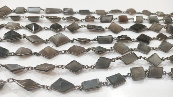 Natural Grey Moonstone Free Nugget Shape Laser Cut 12 to 15 mm Connector Link Chain Sold Per Foot High Quality Black plated chain