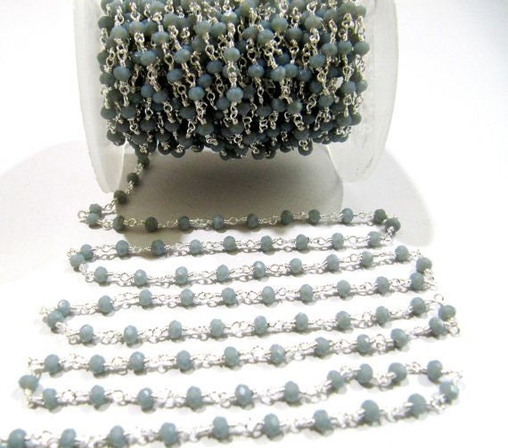 Gray Chalcedony Rondelle Faceted Size 3mm Gray Hydro Quartz Beaded Wire Wrapped Rosary Chain Wholesale Prices Jewelry Making chain