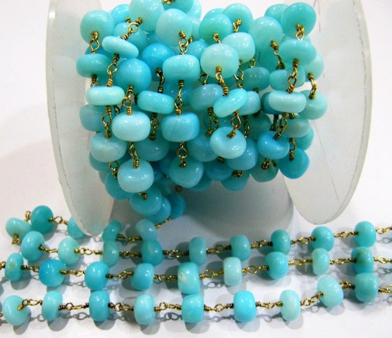 Natural Blue Opal  Rondelle 10 mm Plain Smooth Beaded Rosary Chain Sold Per Foot High Quality Wholesale Price Jewelry making chain