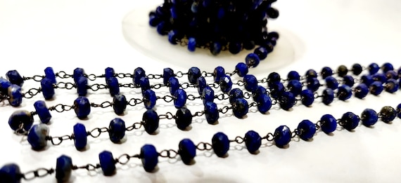Natural  Lapis Lazuli Rosary Chain Faceted Rondelle  5mm Beaded Chain Wire Wrap , Jewelry Making Aati Chain Wholesale Rates Sold per foot