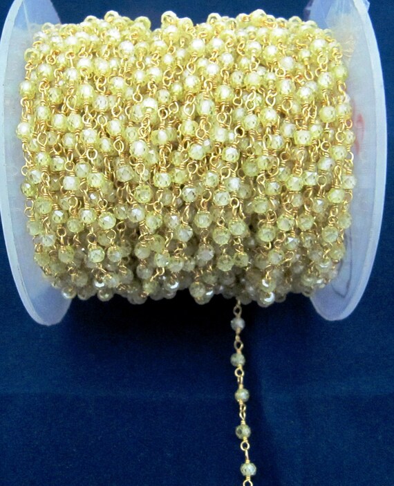 Yellow CZ Rondelle Faceted Beaded 3mm Size Cubic Zirconia Bead Crystal Rosary Chain Choose the plating sold per foot