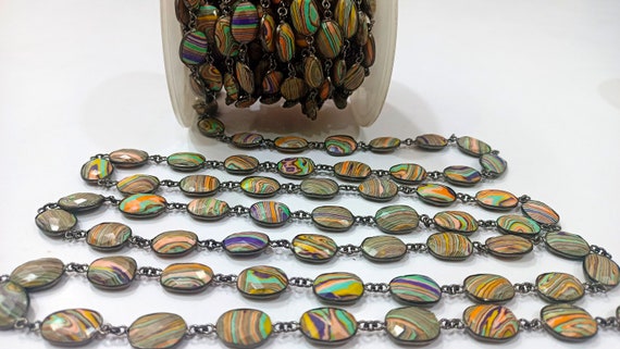 Fordite Agate Free Shape  Briolette 10x15mm Bezel Connector Gemstone Chain Sold Per Foot Great Quality Black Plated Chain