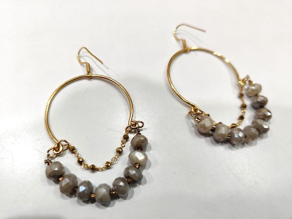Natural Grey Moonstone Rondelle Faceted 7-8mm Mystic coated Gemstone Gold Plated Beaded Hoop Earrings Handmade hand crafted Jewelry