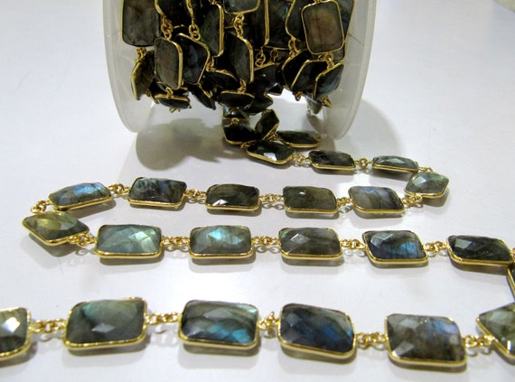 Natural Labradorite Cushion Shape Briolette faceted Bezel Connector Chain 13x17mm Gold Plated Sold Per Foot High Quality  Wholesale price