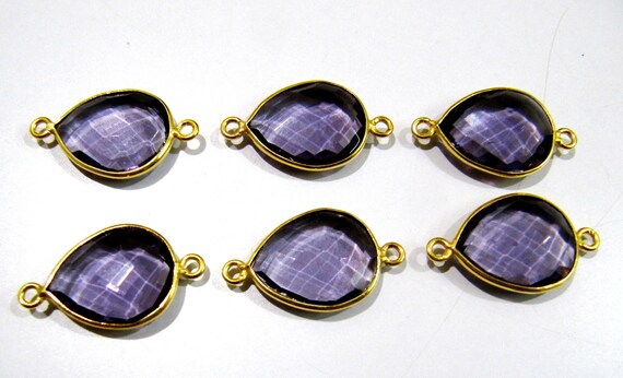 6 Pcs Set Amethyst Pear Shape 13x16mm Briolette Connectors Amethyst Hydro Quartz Double Loop Bezel Top Quality Wholesaleprice