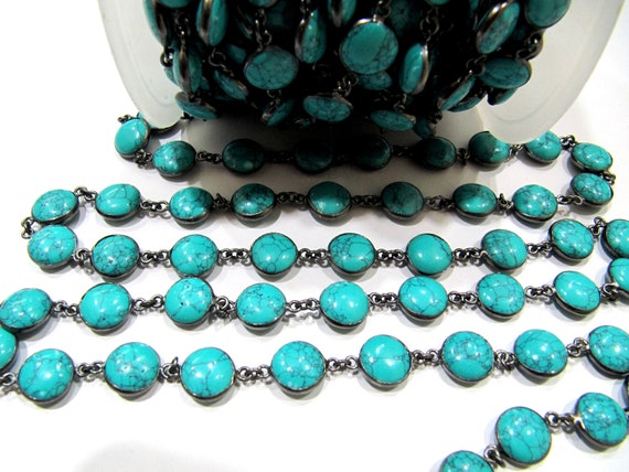 Turquoise Plain Smooth Round Coin Shape 11mm Bezel Connector Chain Black oxidized Sold Per Foot