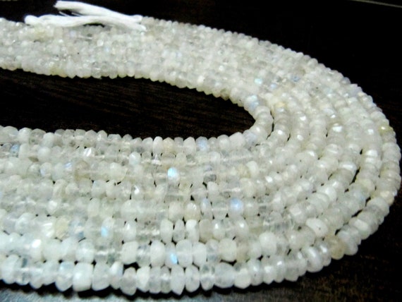 Natural White Rainbow Moonstone Rondelle Faceted Beads 5-6mm Strand 13 inches long Best Quality Blue Flashy Beads Wholesale Prices