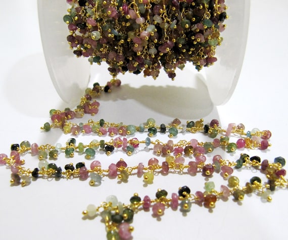 Natural Multi Tourmaline Faceted Cluster Rosery  3-4mm Wire Wrap Dangling  Jewelry making Cluster Chain sold Per foot