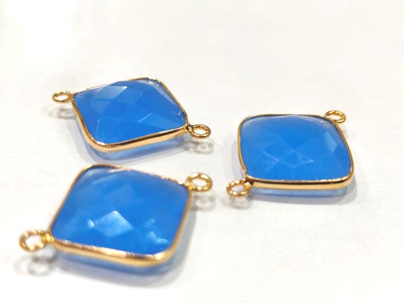 2 Pcs Set  Blue Chalcedony Cushion Shape Briolette Connector Stone Double Loop Bezel Size 15mmJewelry Making Bezel Connectors