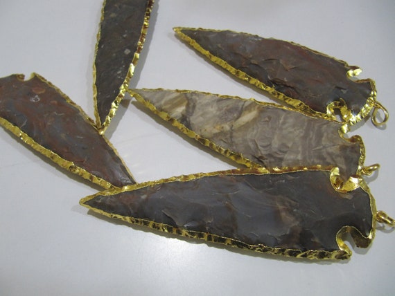 2 Piece Set Natural Jasper Gold Electroplated Edge Single Loop Arrowhead Connector Charms Pendant Size 4 to 5 Inches Long