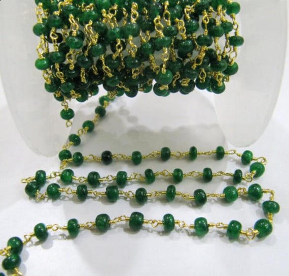 Emerald  Rondelle Plain Smooth  Size 4-5mm Dyed Beaded Wire Wrapped Rosary Chain Wholesale Prices Jewelry Making Gemstone chain per foot
