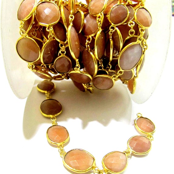 Natural Peach Moonstone Free Shape Briolette Bezel Connector Chain 15x20 mm Gold Plated Sold Per Foot High Quality Beads Wholesale prices