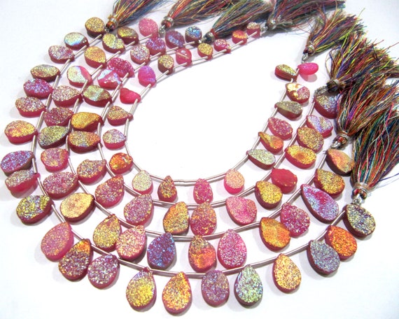 Natural Titanium Coated Agate Pink Druzy Pear Shape Beads Jewelry Making Bead Strand 10 Inches Long Sold Per Strand