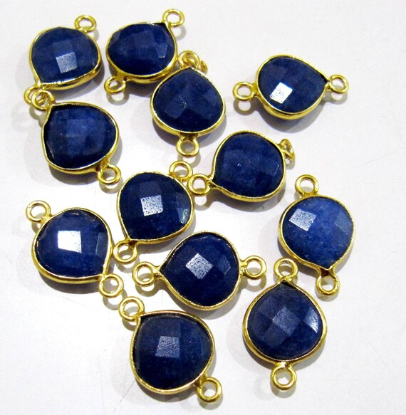 2 Piece Set Dyed Blue Sapphire Heart Shape 10mm Briolette Connectors Blue sapphire Double Loop Bezel Jewelry Making Bezel Connectors Charms