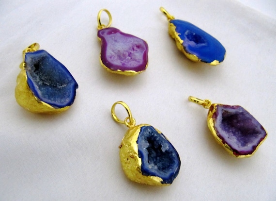 Agate Druzy Geode pendant Back Side Fully covered with 24Kt Gold Electroplating High Quality Gold Layer used 25 to 40mm Colored Drusy