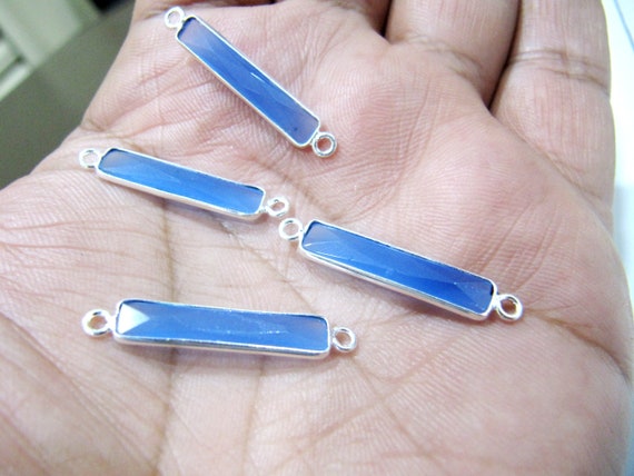 Blue Chalcedony Baguette Shape Briolette Faceted Stone Bezel Double Loop Connector 4x22mm Sold Per Piece Jewelry Making Connector