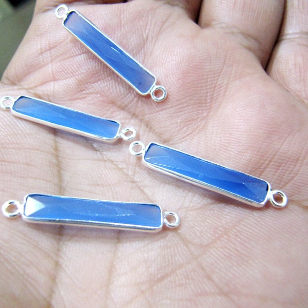Blue Chalcedony Baguette Shape Briolette Faceted Stone Bezel Double Loop Connector 4x22mm Sold Per Piece Jewelry Making Connector
