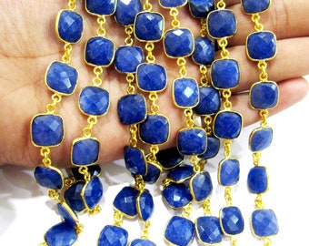 Blue Sapphire Cushion Shape Briolette Faceted  Bezel Connector Chain 10 mm stone Sold Per Foot Wholesale price Jewelry making Chain