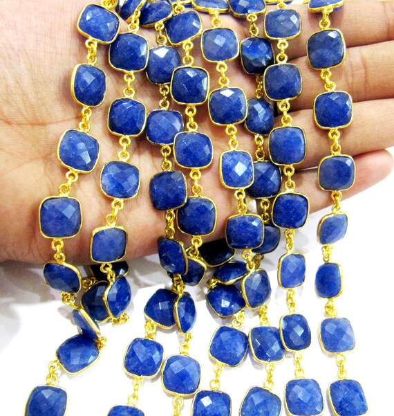 Blue Sapphire Cushion Shape Briolette Faceted  Bezel Connector Chain 10 mm stone Sold Per Foot Wholesale price Jewelry making Chain