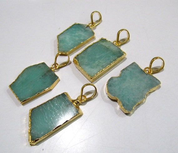 2 Pcs Set-Natural Amazonite Slice Pendant Free Form Connector Charm With 24kt Gold Electroplated Edge Single Loop 1 inch approximately