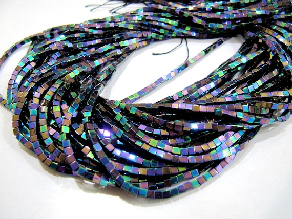 Peacock Blue Color Hematite Cube Beads Rainbow Mystic Box Shape Hematite Beads 2mm Size Strand 15-16 inches long Wholesale Prices