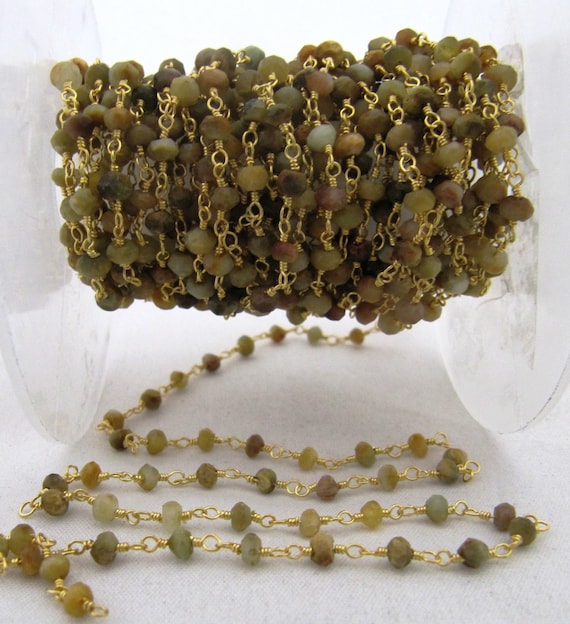 3 Feet- Cat's Eye wire wrapped beaded Rosary Chain 3 to 4mm Rondelle faceted Gemstones Chain -Jewelry Making Chain Wholesale Prices
