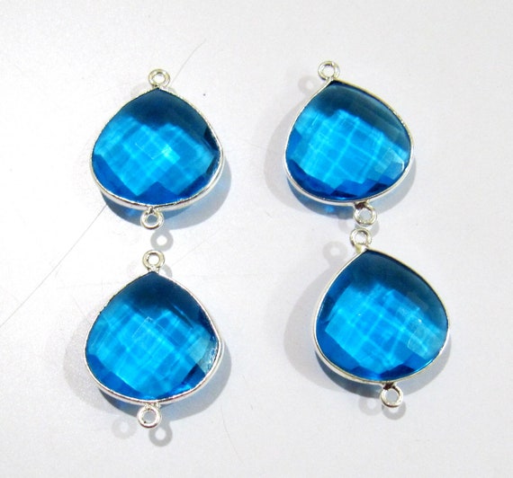 6 Pcs Set Swiss Blue Topaz  High Finished Heart Shape 17mm Briolette Connectors Quartz Plated Double Loop Bezel Jewelry Making Connector