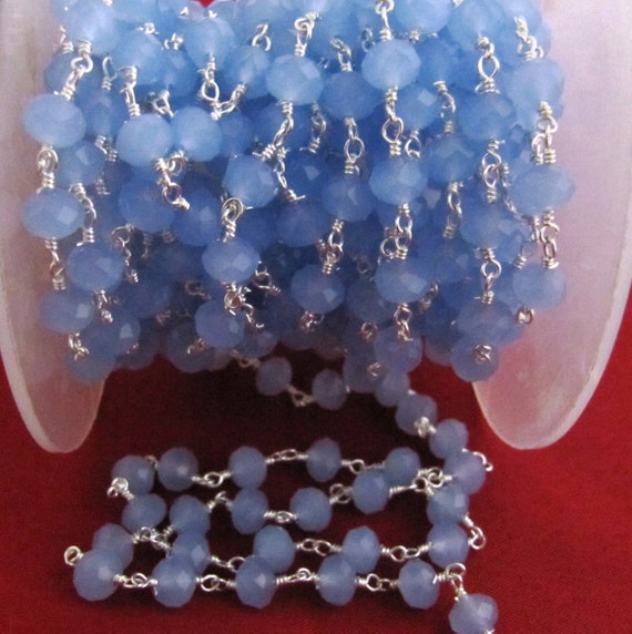 3- Feet Blue Chalcedony Rondelle 6mm Hydro Quartz Faceted Beaded Wire Wrapped Rosary Aati Chain Wholesale Price Jewelry making chain