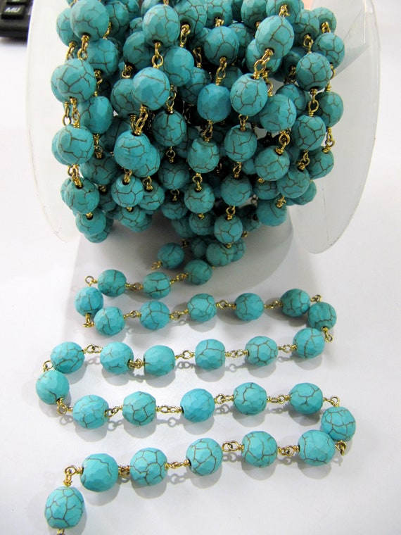 Turquoise Round faceted 10mm beads Rosary Chain Handmade Beaded Gemstone Chain Wire Wrapped Chain Wholesale  sold per foot Gold Plated
