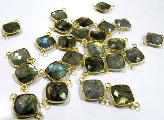 Natural Labradorite Cushion Shape 11mm Briolette Connectors Gray Stone Double Loop Bezel Jewelry Making Bezel Connectors sold per piece