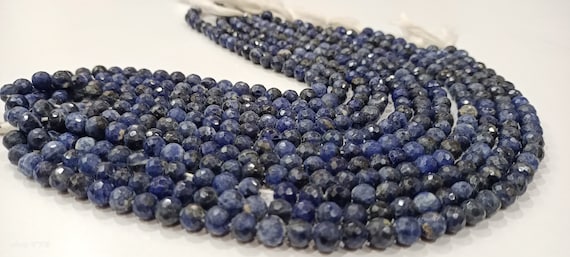 Natural Sodalite   Round Shape  Briolette Faceted 5-6mm Beads For Jewelry Making Sold Per Strand 14 Inches Long