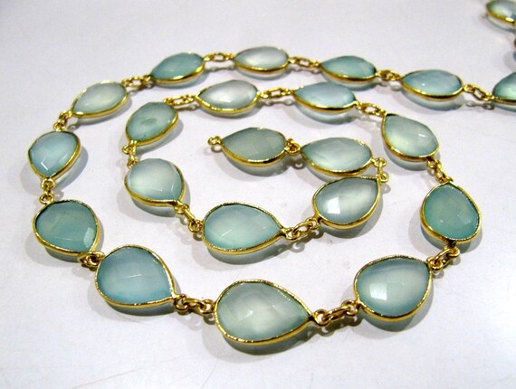 Natural Aqua Chalcedony Pear Shape Briolette Faceted Bezel Connector Chain 10x15mm  High Quality Wholesale Sold per foot