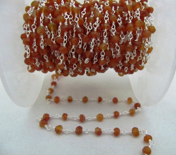 Natural Carnelian Rondelle Faceted Beaded 3-4mm Size Beads Rosary Chain Wholesale Prices Handmade Gemstone chain per foot