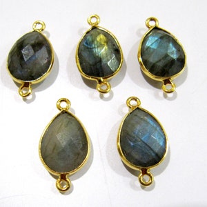 2 Pcs Set Natural Labradorite Pear Shape 10x13mm Briolette Connectors Blue Flashy Gemstone Double Loop Bezel Heart shape Charms